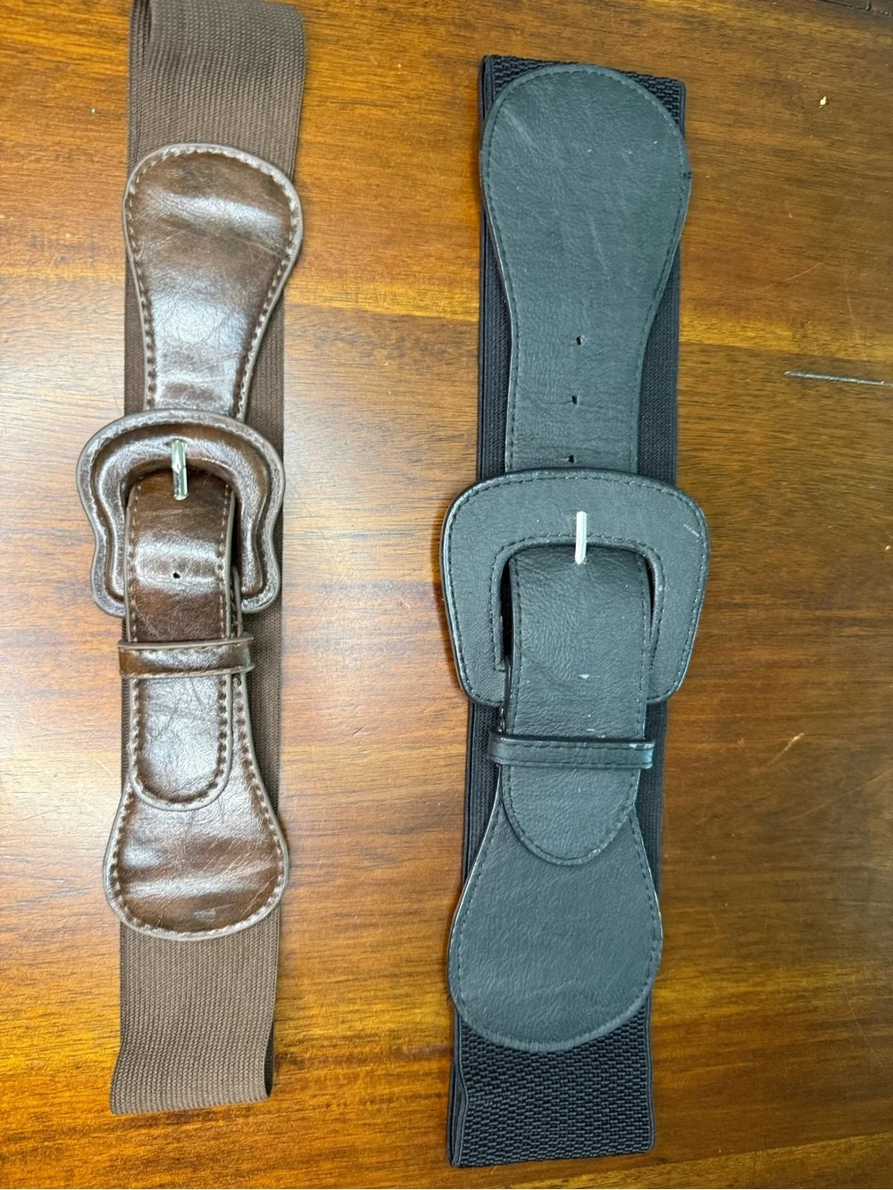 Elastic Waist Belt with Leather Buckle Accent - Brown and Black